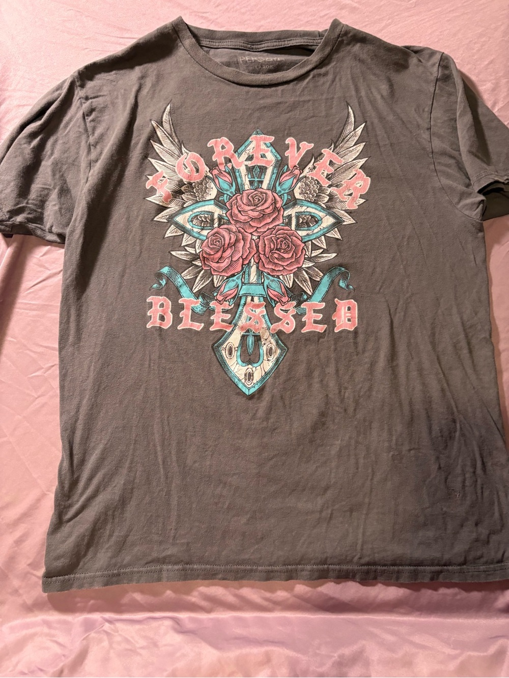 Persaya Gray Short-Sleeve Tee with Pink and Teal Graphic